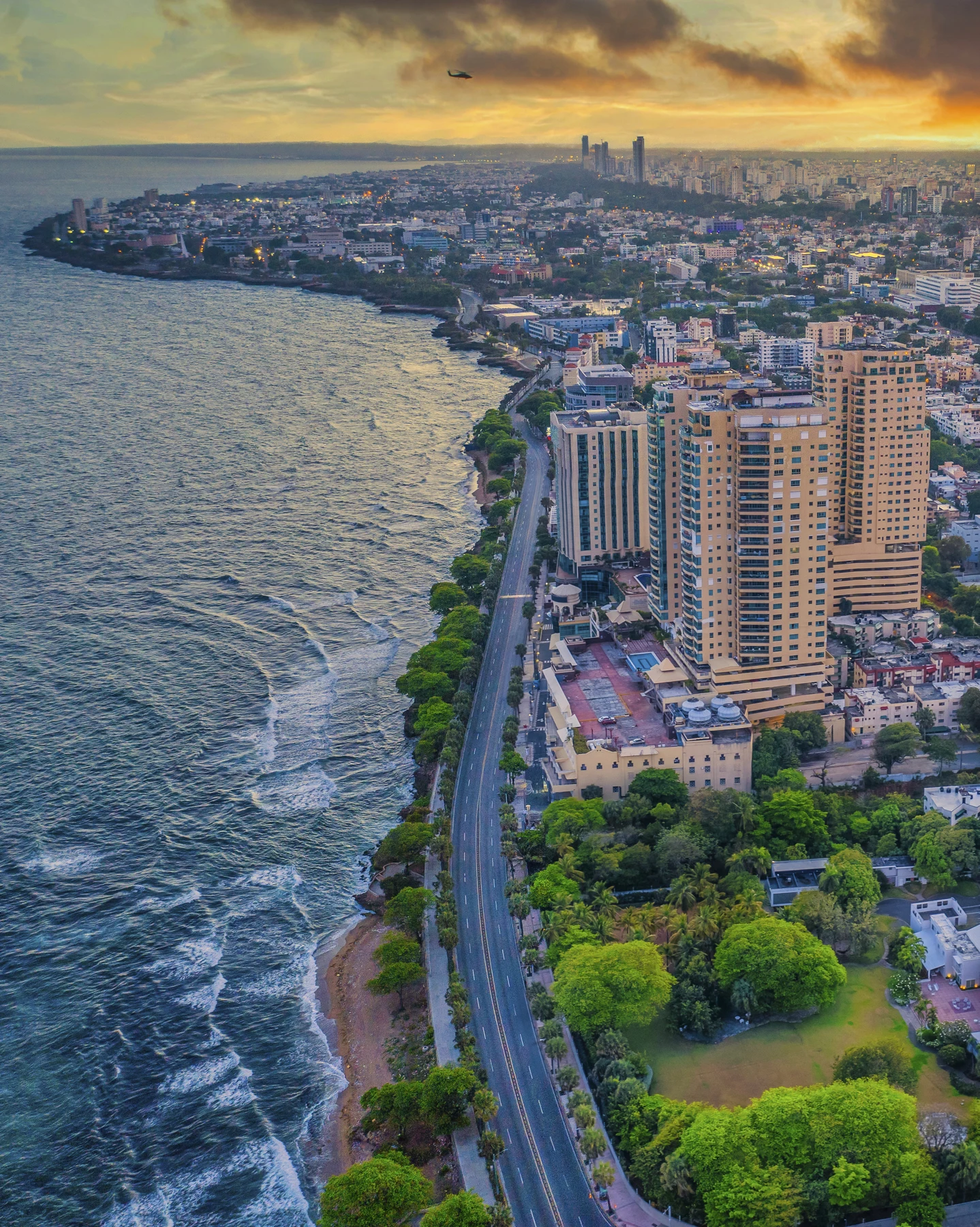 Santo Domingo’s Caribbean coastline and Malecón at sunset